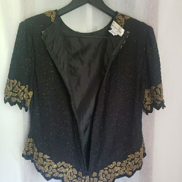 VTG Lourence Kazar Top Blouse Short Sleeves Black Gold Fully Sequins Lined Sz XL - Picture 9 of 15